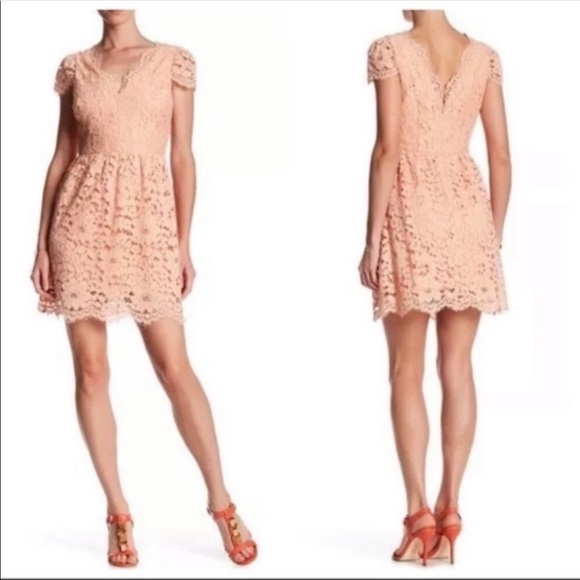 ERIN by Erin Fetherston Peach Alicia Lace V-Neck Cap Sleeve Mini Dress - Picture 1 of 15